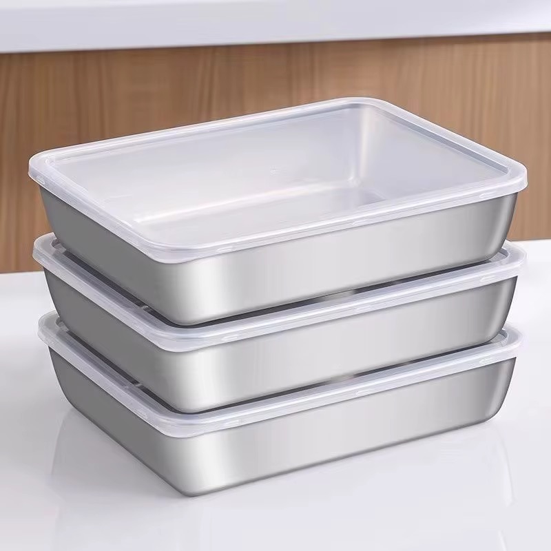 Lot de 100 Plateau rectangulaire en acier inoxydable épais – Plateau de cuisine multifonction à fond plat pour préparation, service et aliments