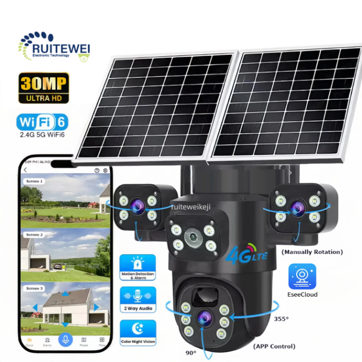 Caméra de surveillance solaire 3 objectifs sans fil – Vision nocturne couleur, rotation 360°, surveillance extérieure à distance par téléphone