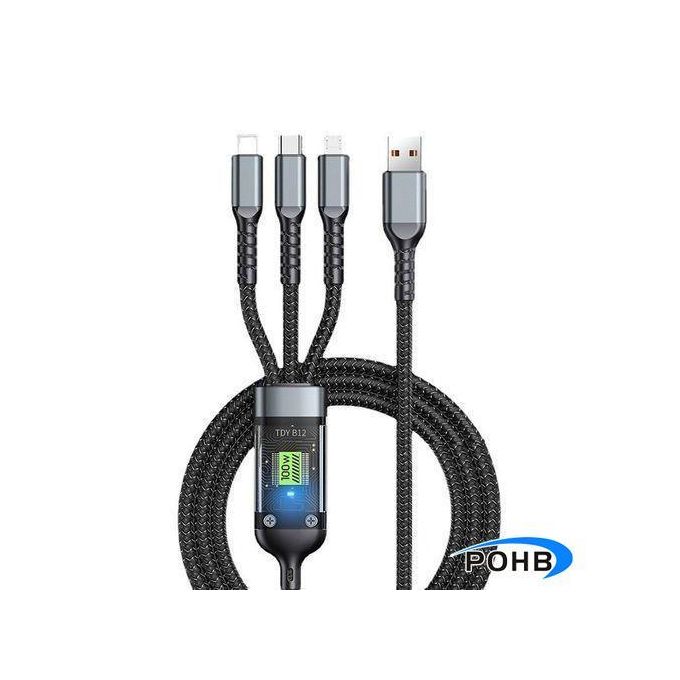 Lot de 100 Câble de Charge Rapide 100W 3-en-1 – Câble Multi-Connecteurs 1 vers 3, Charge et Synchronisation, Compatible iPhone, Huawei et Appareils USB
