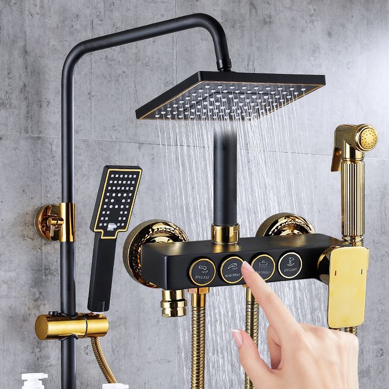 Colonne de douche thermostatique murale – Ensemble de douche complet avec pommeau, douchette et douche de tête, finition noir et or