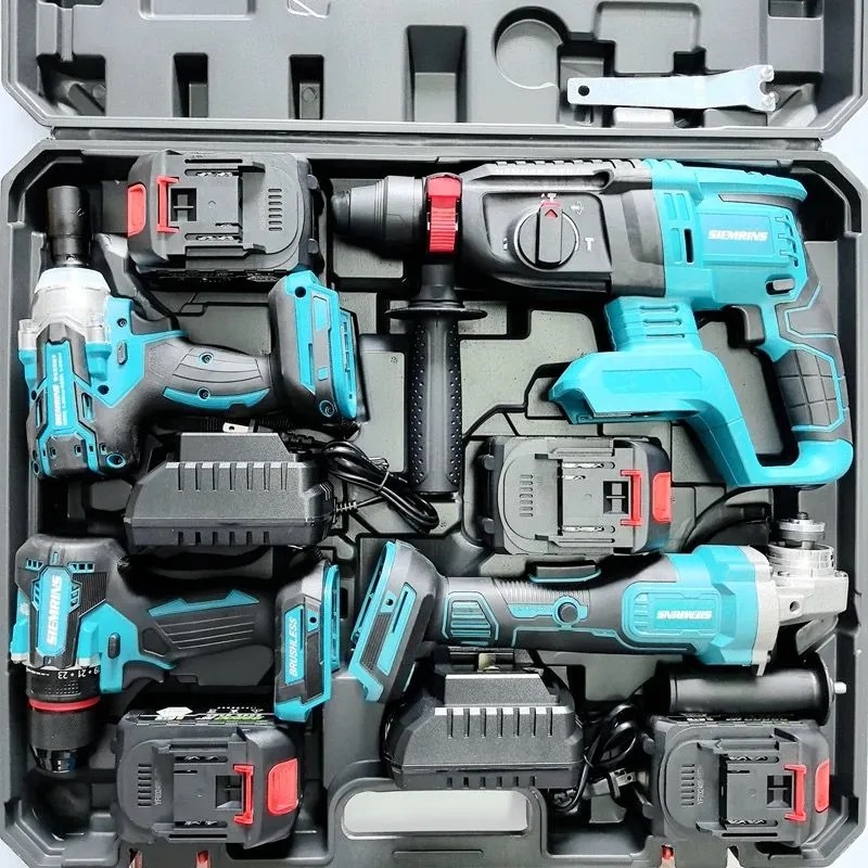 Pack Outillage Sans Fil Pro - 4 Outils (Perforateur, Meuleuse, Perceuse, Clé à choc) + 4 Batteries Haute Capacité